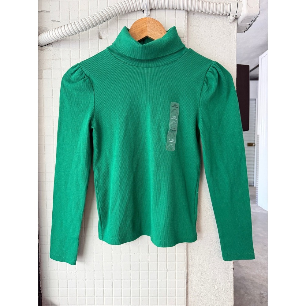 Gap Kids Girls Holiday Green Ribbed Puff Sleeve Turtleneck Top Size L 10 NWT - Picture 2 of 11